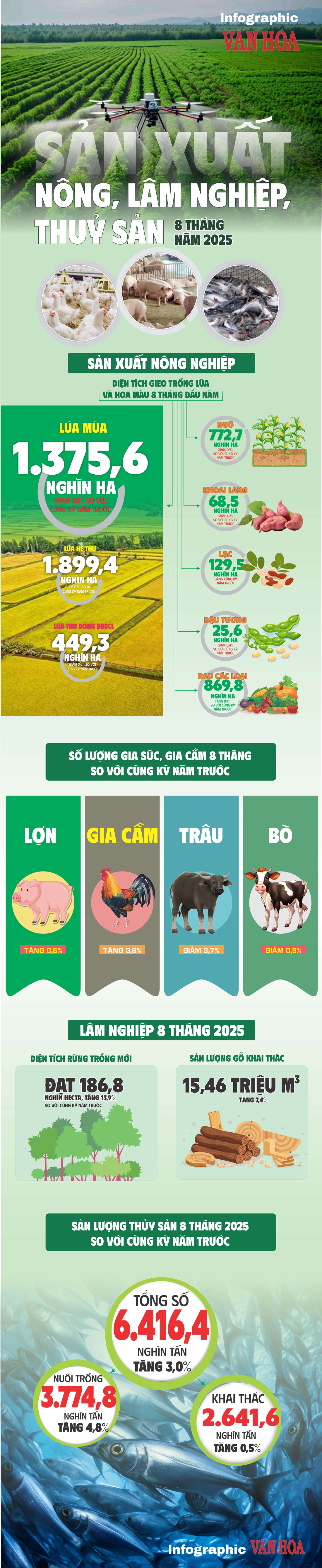(Infographic) Nông nghiệp 8 tháng 2025: Chăn nuôi trâu bò giảm, thủy sản tăng 3% - ảnh 1