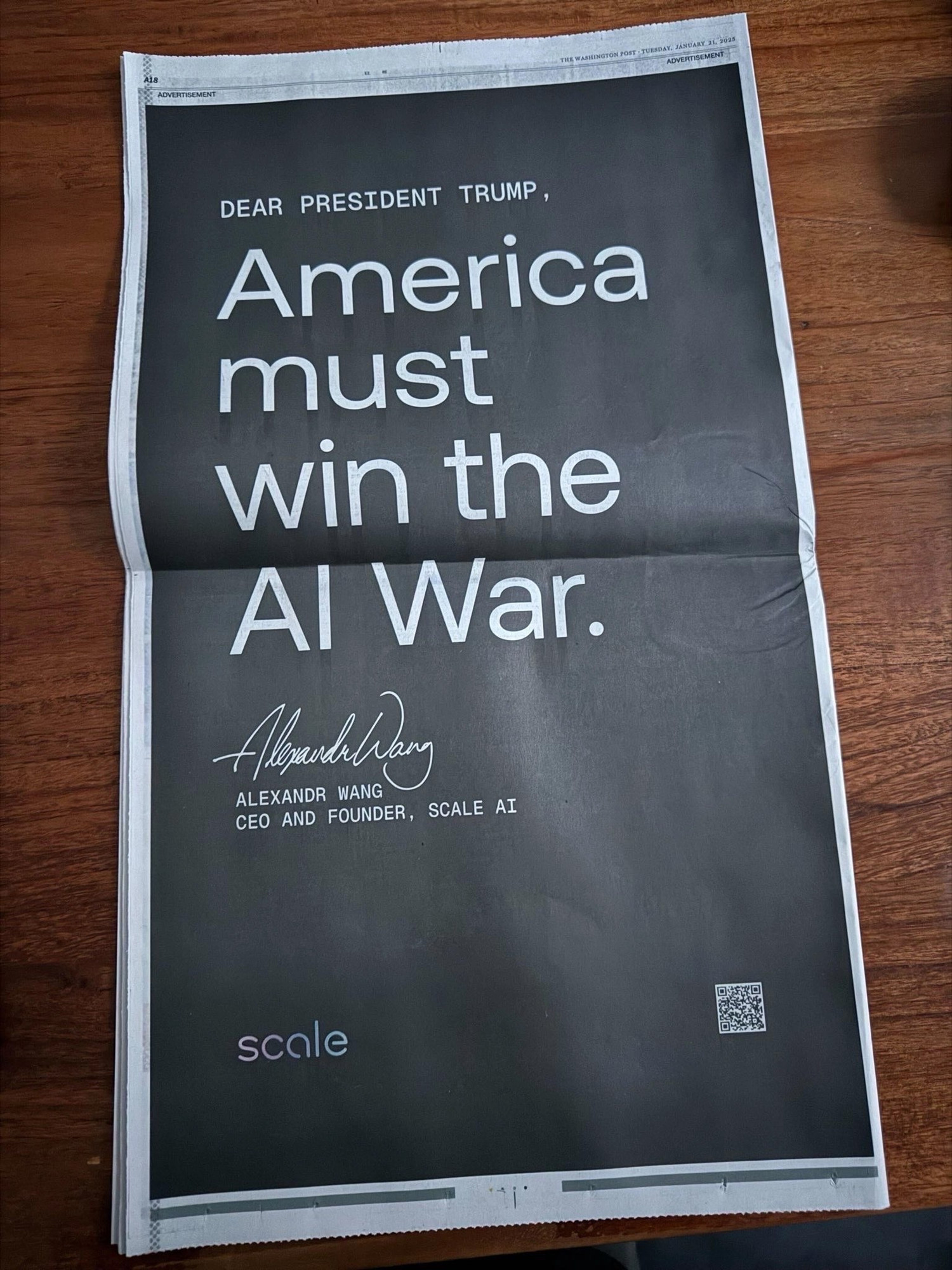 Реклама Scale AI в Washington Post. (Фото: X/Alexandr Wang)