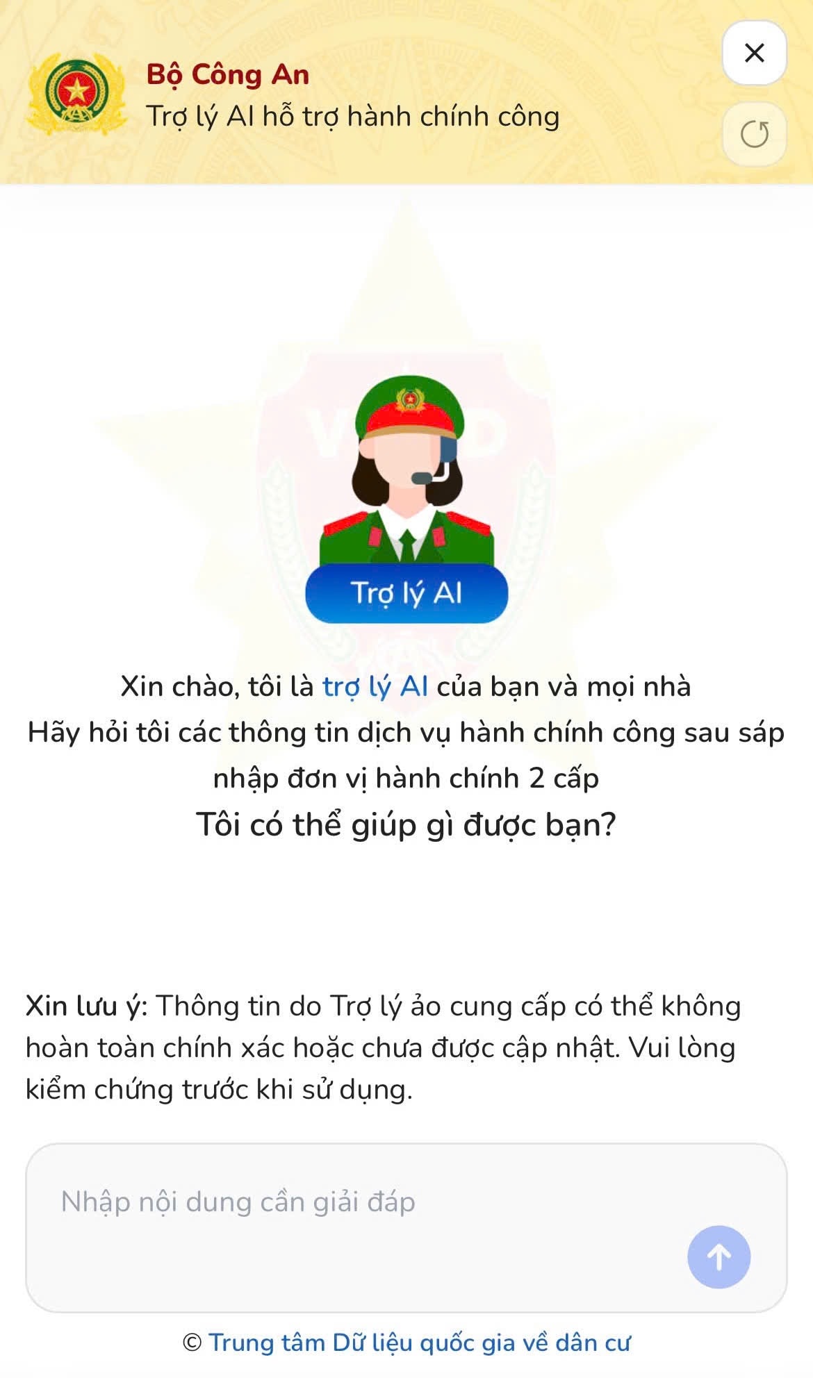 Pembantu maya pentadbiran pada VNeID. Tangkapan skrin