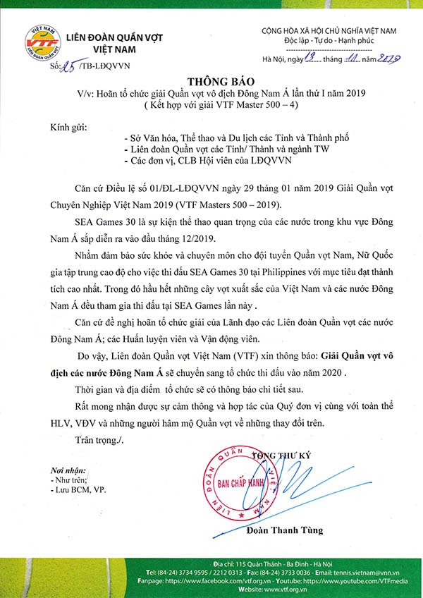 Hoãn tổ chức giải quần vợt vô địch Đông Nam Á vì SEA Games 30 - ảnh 1