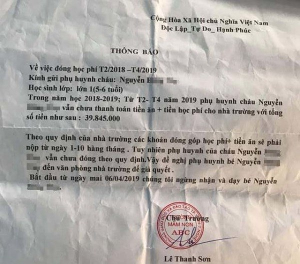 Trường mầm non tư thục cho trẻ nghỉ học do phụ huynh nợ tiền 14 tháng “mời” bé đi học lại - ảnh 3