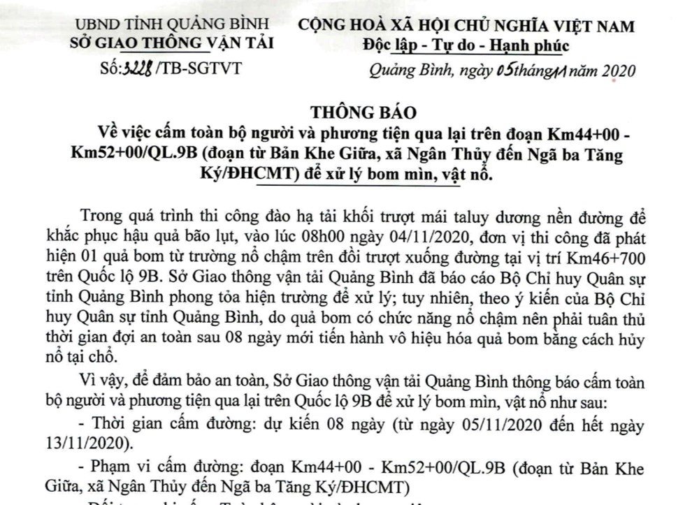 Quảng Bình: Cấm đường 8 ngày để xử lý quả bom nổ chậm trên Quốc lộ 9B - ảnh 1