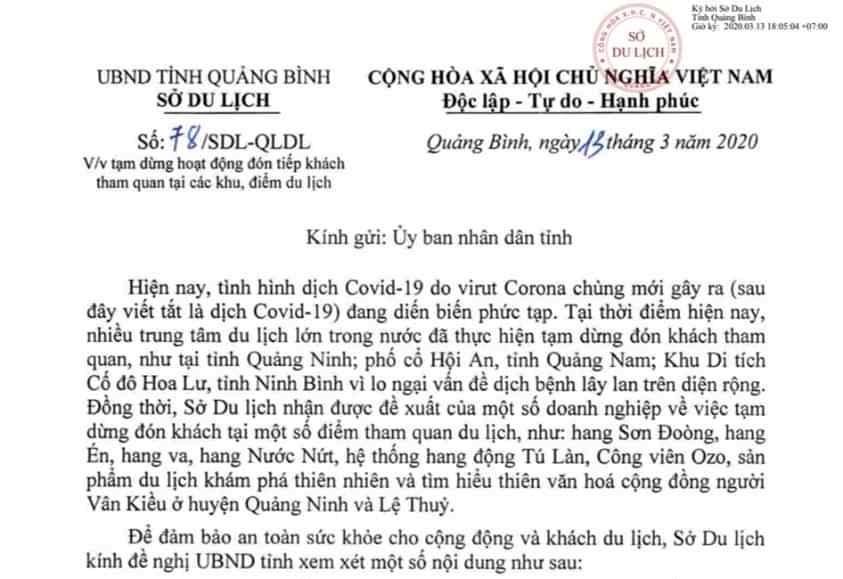 Quảng Bình sẽ tạm dừng đón khách du lịch kể từ ngày 17.3 - ảnh 1