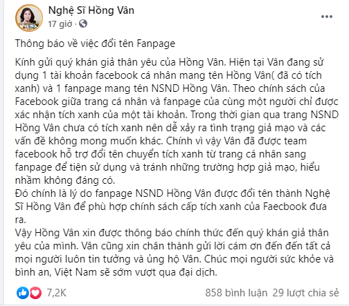 Hồng Vân lên tiếng về việc xóa bỏ danh hiệu NSND khỏi fanpage - ảnh 2