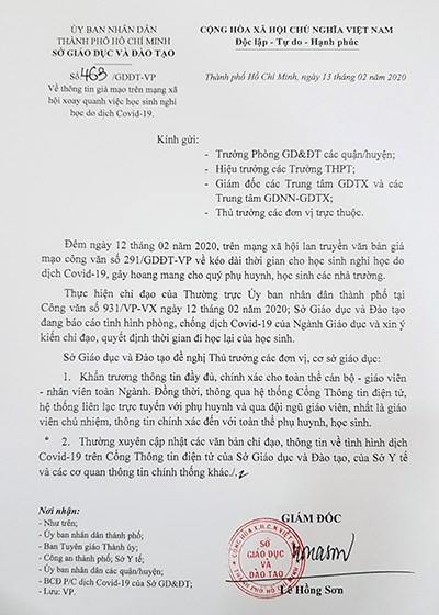 TP.HCM: Văn bản giả mạo trên mạng xã hội về việc cho học sinh tiếp tục nghỉ học do dịch Covid-19 - ảnh 2