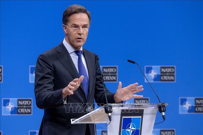 Tổng Thư ký NATO Mark Rutte phát biểu trong cuộc họp báo tại Brussels, Bỉ. Ảnh:THX/TTXVN