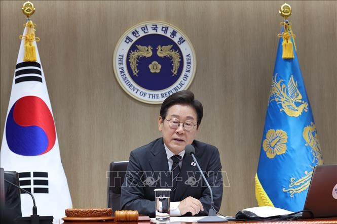 Tổng thống Hàn Quốc Lee Jae Myung phát biểu tại cuộc họp nội các ở thủ đô Seoul.Ảnh: Yonhap/TTXVN