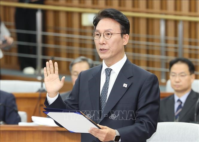 Ứng cử viên Thủ tướng Hàn Quốc Kim Min Seok trong phiên điều trần tại Quốc hội,ở Seoul ngày 24.6.2025. Ảnh: Yonhap/TTXVN