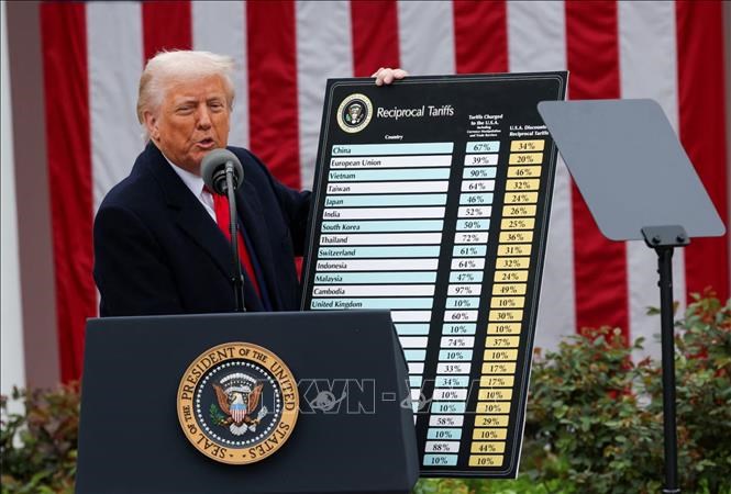 Mức thuế đối ứng mới được Tổng thống Mỹ Donald Trump công bố ngày 2.4.2025. Ảnh:Reuters/TTXVN