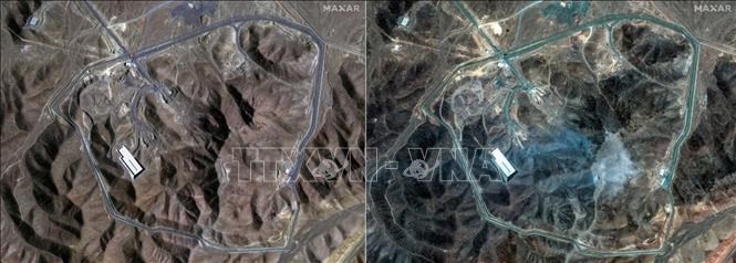 Hình ảnh do vệ tinh Maxar cung cấp về cơ sở hạt nhân Fordow ở Iran ngày 20/6trước (ảnh trái) và sau khi bị Mỹ không kích ngày 22/6. Ảnh: Reuters/TTXVN