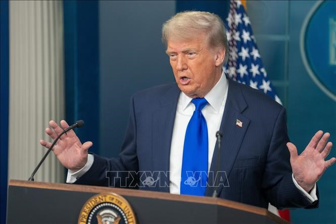 Tổng thống Mỹ Donald Trump trong một cuộc họp báo tại Washington D.C. Ảnh:THX/TTXVN