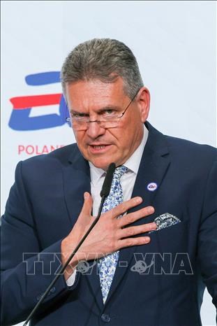 Ủy viên phụ trách thương mại và an ninh kinh tế của Liên minh châu Âu (EU) MarosSefcovic phát biểu trong một cuộc họp báo. Ảnh tư liệu: PAP/TTXVN