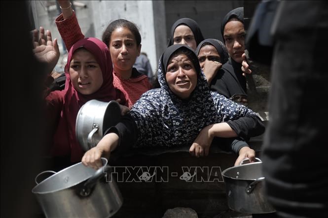 Người dân chờ được phát thực phẩm cứu trợ tại trại tị nạn Jabalia, Dải Gaza.Ảnh: THX/TTXVN
