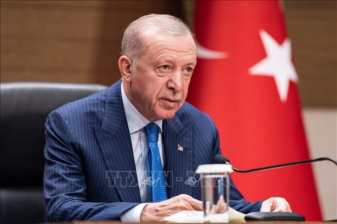 Tổng thống Thổ Nhĩ Kỳ Recep Tayyip Erdogan phát biểu tại cuộc họp báo ởIstanbul, Thổ Nhĩ Kỳ. Ảnh: Anadolu Agency/TTXVN