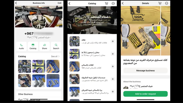 Một người buôn vũ khí sử dụng tài khoản WhatsApp Business để bán một khẩu súnglục Glock. Ảnh: Dự án Minh bạch Công nghệ