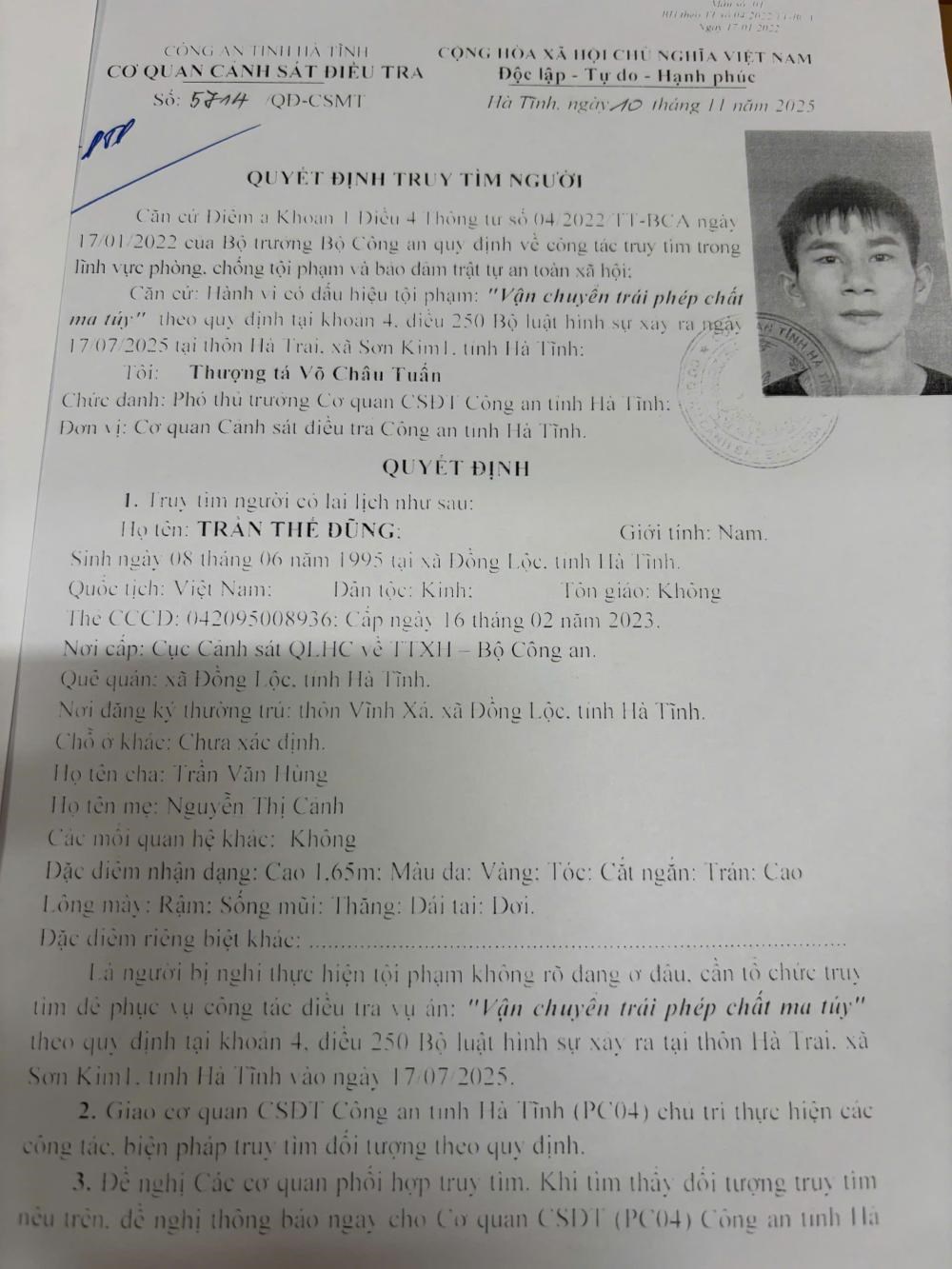 Công an Hà Tĩnh truy tìm nghi phạm vận chuyển ma túy - ảnh 1