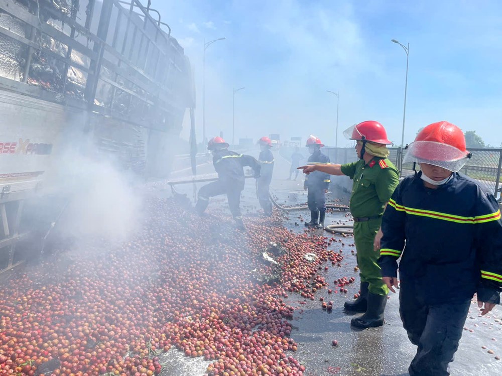 Xe tải chở mận bốc cháy trên cao tốc - ảnh 1