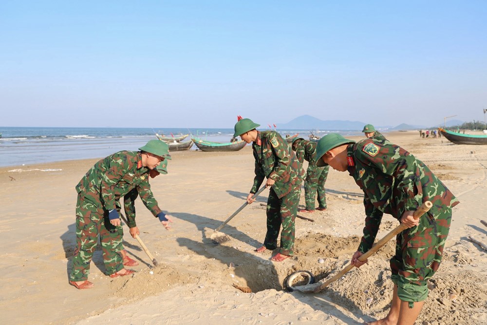 Huy động lực lượng thu gom hàng tấn vỏ ngao tím dạt vào bờ biển Hà Tĩnh - ảnh 1