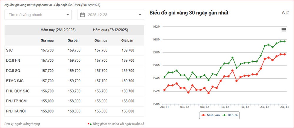 Giá vàng hôm nay 28.12: Vàng SJC giữ kỷ lục 159,7 triệu đồng/lượng - ảnh 2