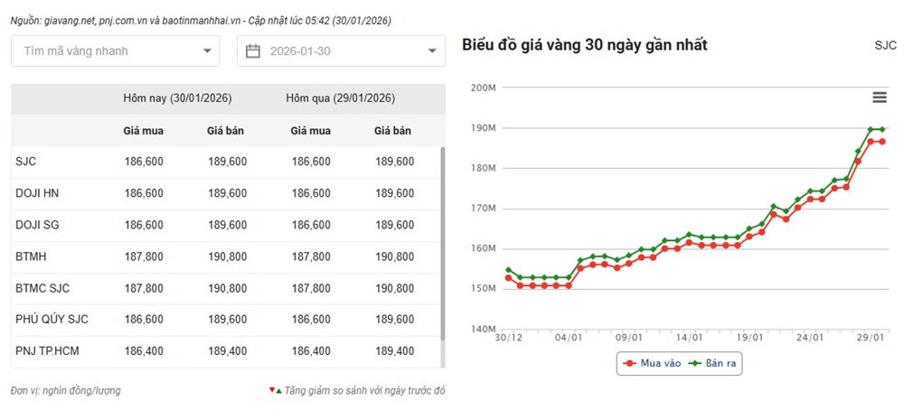 Giá vàng hôm nay 30.1.2026: Vàng miếng SJC tiếp tục neo cao - ảnh 2