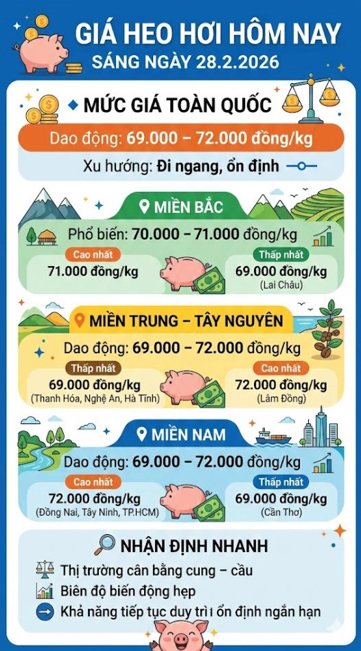 Giá heo hơi hôm nay 28.2: Cả nước dao động 69.000 – 72.000 đồng/kg - ảnh 3