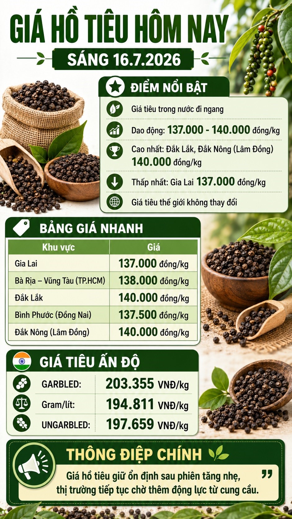 Giá hồ tiêu hôm nay 16.7.2026: Giữ ổn định ở mức cao - ảnh 3