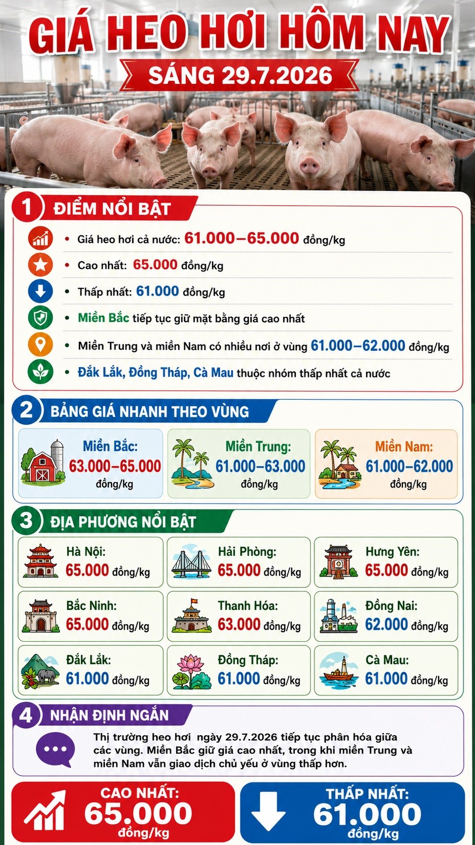 Giá heo hơi hôm nay 29.7.2026: Miền Bắc giữ đỉnh 65.000 đồng/kg - ảnh 3