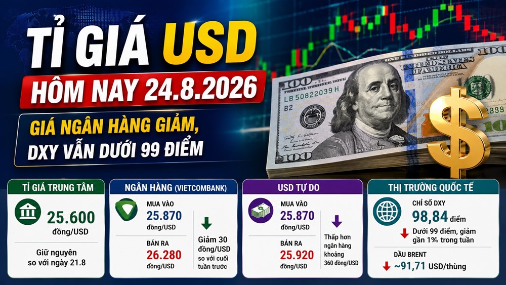 Tỉ giá USD hôm nay 24.8.2026: Giá ngân hàng giảm, DXY vẫn dưới 99 điểm - ảnh 1