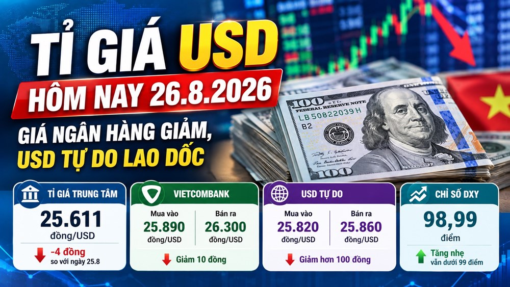 Tỉ giá USD hôm nay 26.8.2026: Giá ngân hàng giảm, USD tự do lao dốc - ảnh 1