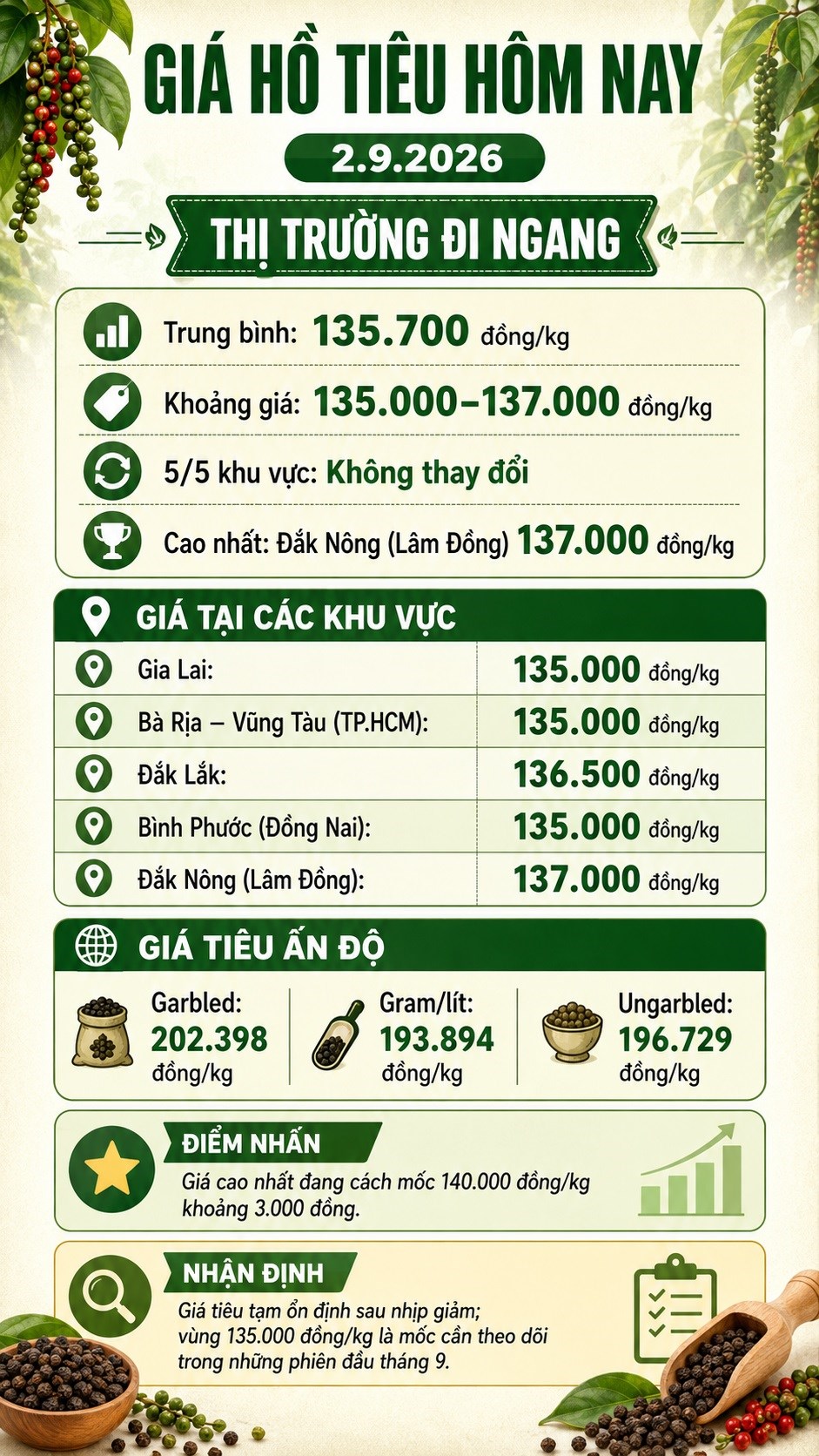 Giá hồ tiêu hôm nay 2.9.2026: Đi ngang, cao nhất 137.000 đồng/kg - ảnh 3