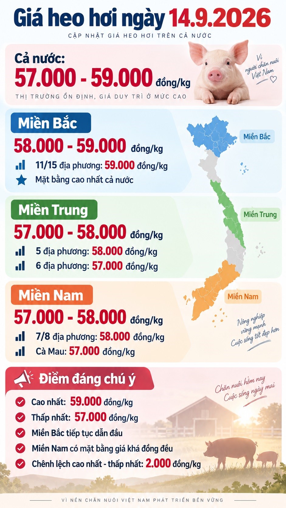 Giá heo hơi hôm nay 14.9.2026: Miền Bắc giữ đỉnh 59.000 đồng/kg - ảnh 3