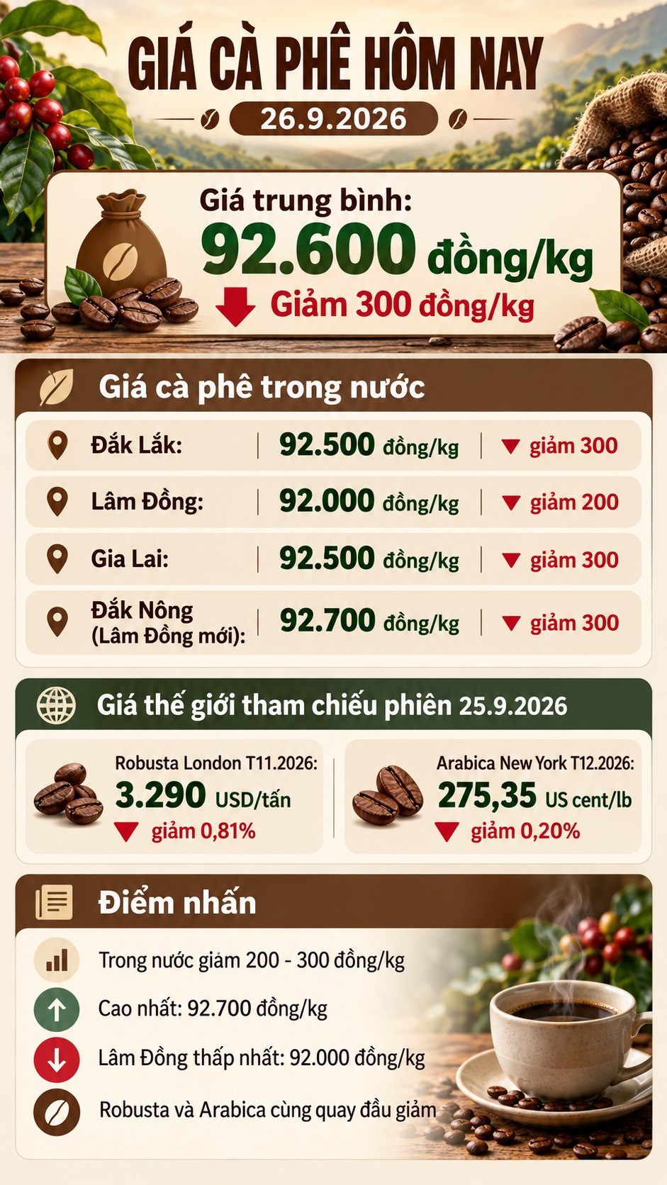 Giá cà phê hôm nay 26.9.2026 quay đầu giảm, cao nhất còn 92.700 đồng/kg - ảnh 3