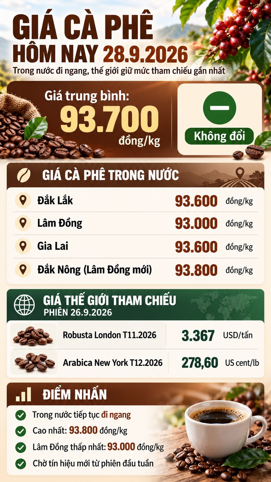 Giá cà phê hôm nay 28.9.2026 đi ngang, cao nhất 93.800 đồng/kg - ảnh 3