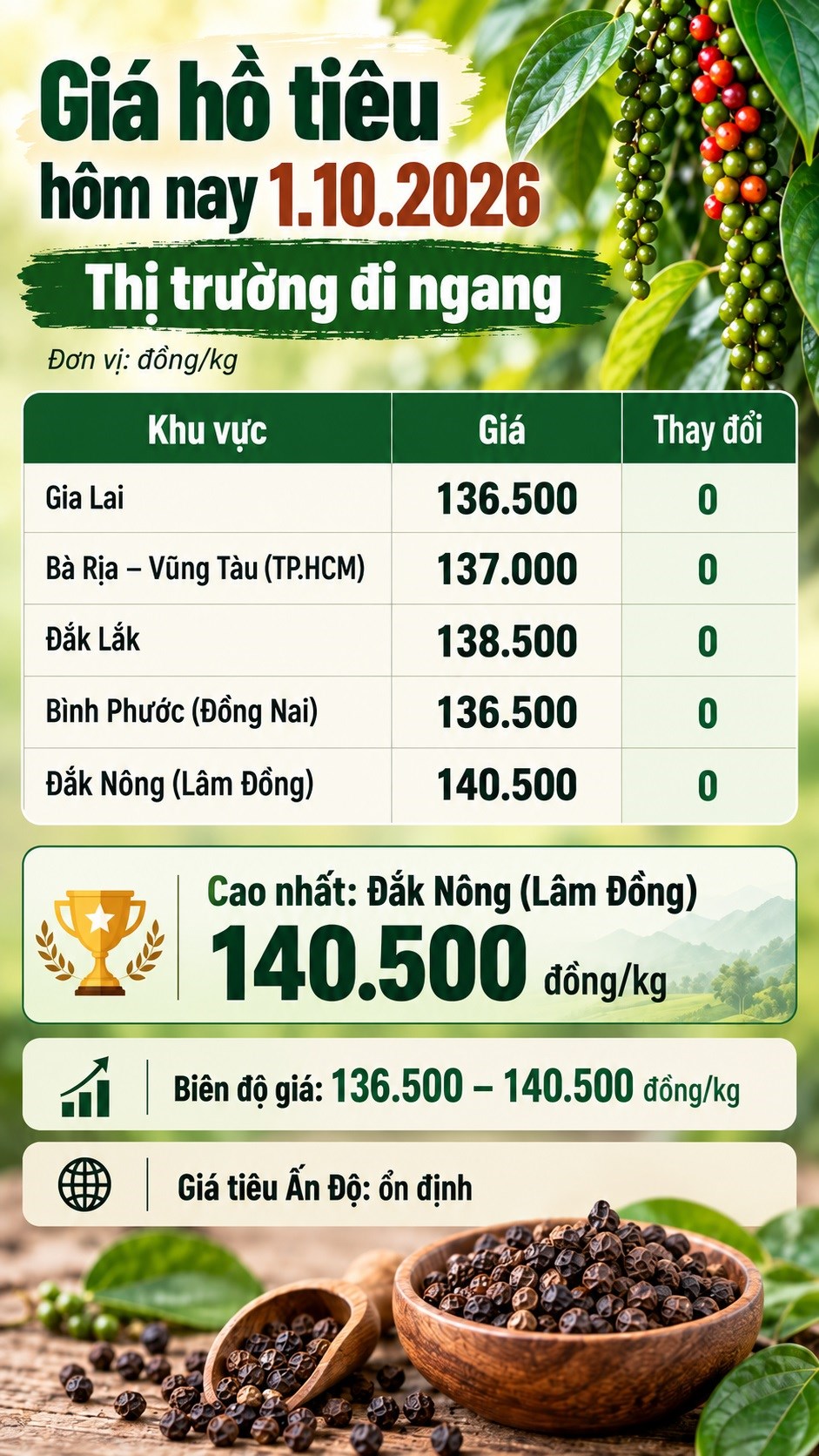 Giá hồ tiêu hôm nay 1.10.2026: Giữ vững mốc 140.500 đồng/kg - ảnh 3