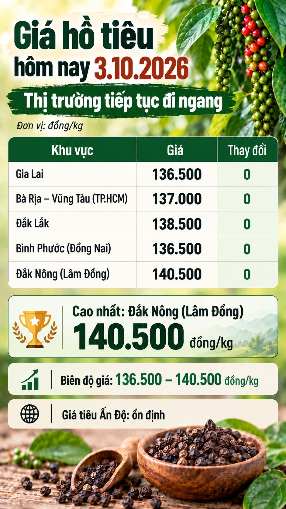 Giá hồ tiêu hôm nay 3.10.2026: Cao nhất 140.500 đồng/kg - ảnh 3