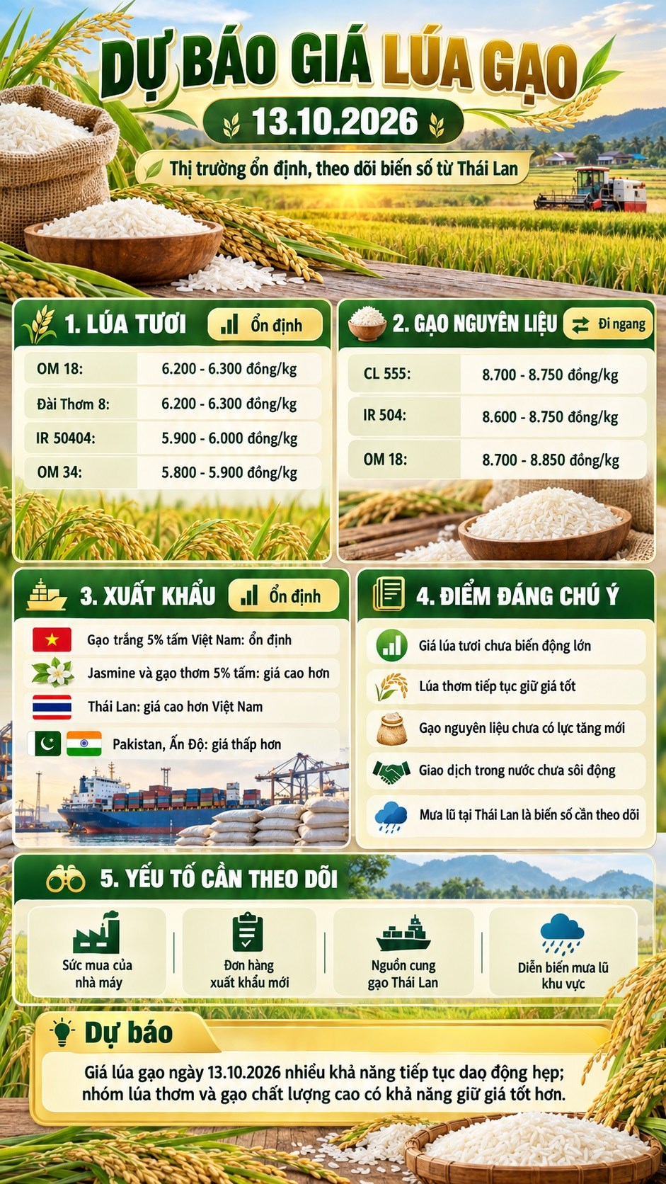Giá lúa gạo hôm nay 13.10.2026: OM 18, Đài Thơm 8 giữ vùng cao - ảnh 3