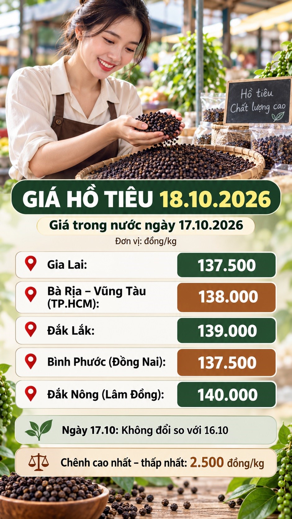 Giá hồ tiêu hôm nay 18.10.2026: Trong nước giữ giá, quốc tế phân hóa - ảnh 3