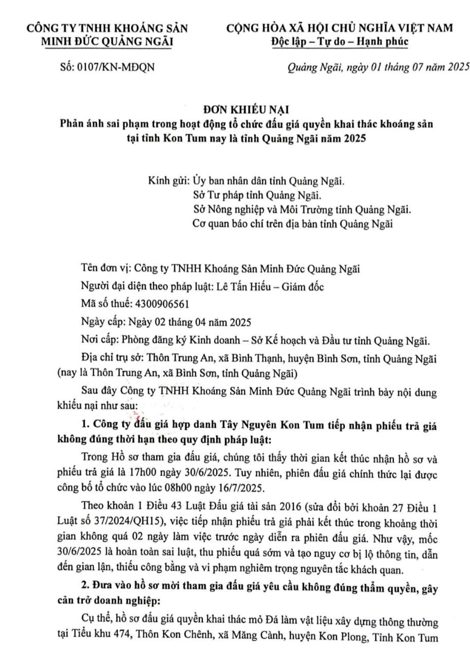 Quảng Ngãi: Doanh nghiệp phản ánh dấu hiệu sai phạm trong đấu giá khai thác khoáng sản - ảnh 1
