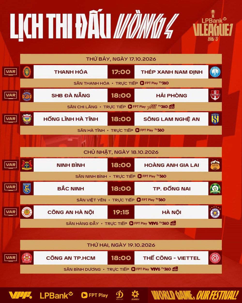 Lịch thi đấu vòng 4 V.League 2026/27: Nóng với những trận “derby“ - ảnh 3