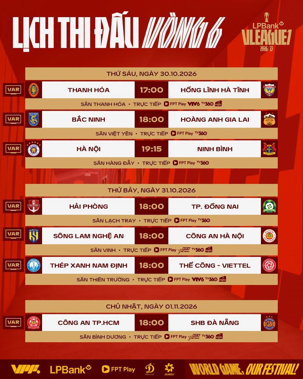 Lịch thi đấu vòng 6 V.League 2026/27: Đại chiến trên sân Vinh - ảnh 3