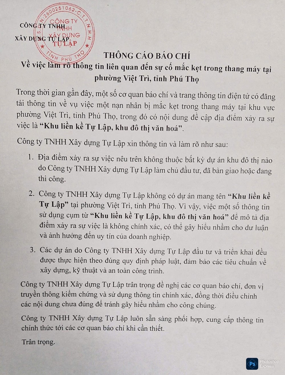 Phú Thọ: Thông tin diễn biến mới vụ người đàn ông thiệt mạng sau khi kẹt thang máy - ảnh 1