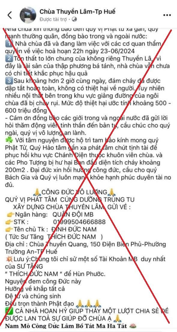 Cảnh giác với đối tượng xấu kêu gọi cúng dường cho chùa Thuyền Lâm sau vụ cháy - ảnh 2