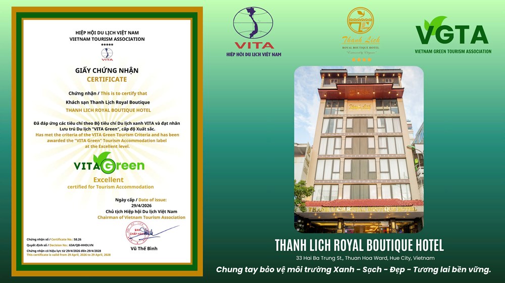 Thanh Lịch Royal Boutique Huế đón nhận chứng nhận Du lịch xanh VITA Green - ảnh 3