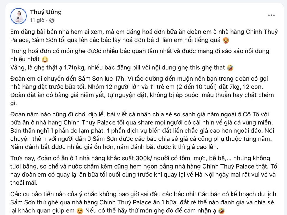 Hóa đơn 1,7 triệu/kg ghẹ ở Sầm Sơn: Chủ nhân bất ngờ nổi tiếng, lý giải “tiền nào của đấy“ - ảnh 2