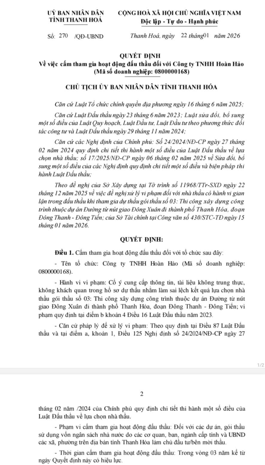 Gian lận hồ sơ dự thầu, một doanh nghiệp bị cấm đấu thầu 3 năm tại Thanh Hóa - ảnh 1