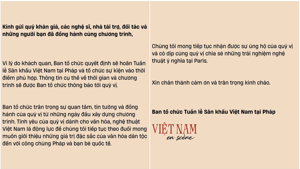 Hoãn tổ chức Tuần Sân khấu Việt Nam tại Pháp - ảnh 1