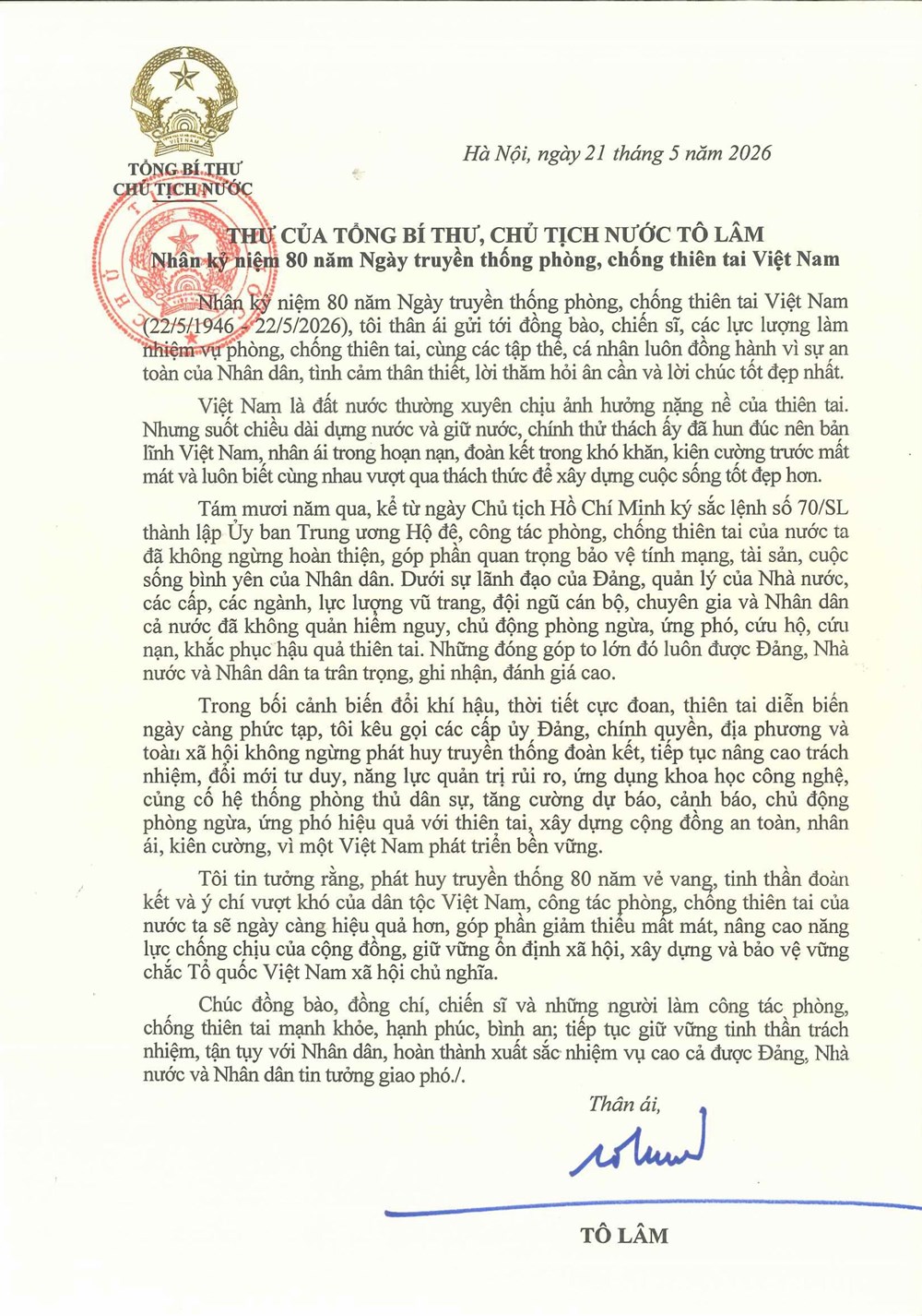 Tổng Bí thư, Chủ tịch nước Tô Lâm gửi thư nhân kỷ niệm Ngày truyền thống phòng, chống thiên tai - ảnh 1