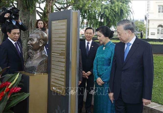 Tổng Bí thư, Chủ tịch nước dâng hoa trước tượng Chủ tịch Hồ Chí Minh tại Singapore - ảnh 3