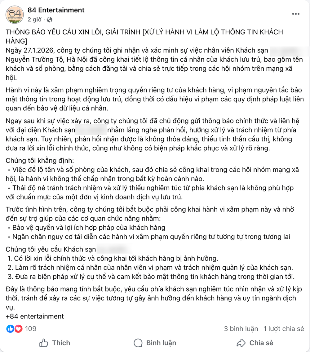Khách sạn tại Hà Nội bị tố phát tán thông tin riêng tư của nghệ sĩ, thái độ xử lí khi bị phản ánh gây tranh cãi - ảnh 1