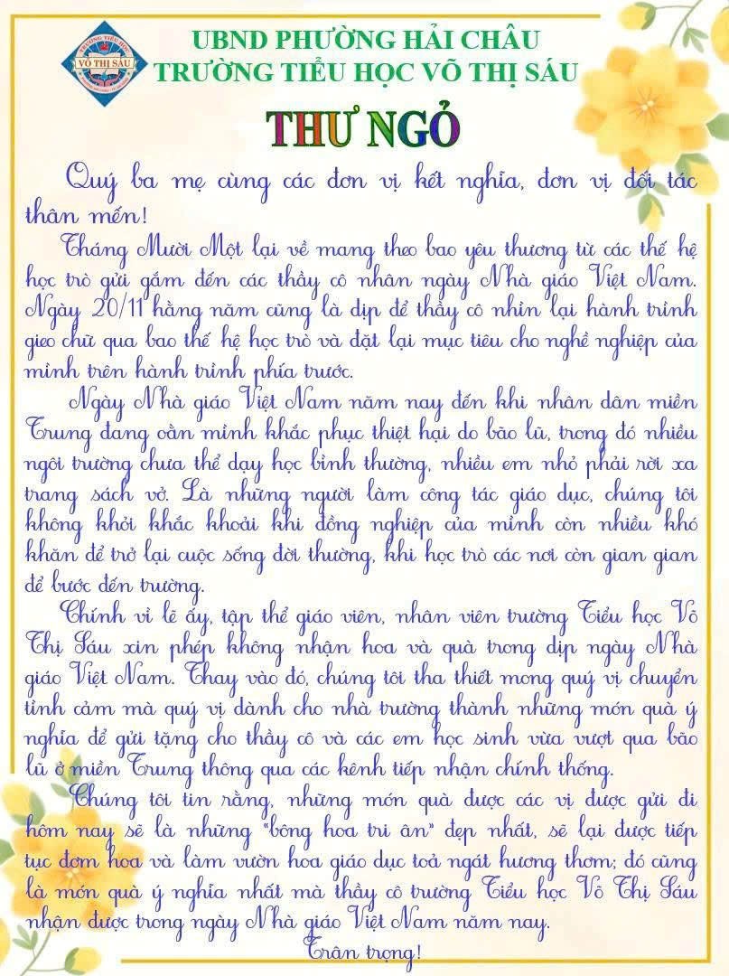 Xúc động Thư ngỏ không nhận hoa, quà 20.11 để hướng về miền Trung bão lũ - ảnh 1